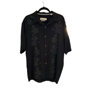 Tommy Bahama Mens Silk Short Sleeve Hawaiian Shirt Black Hibiscus Print Large